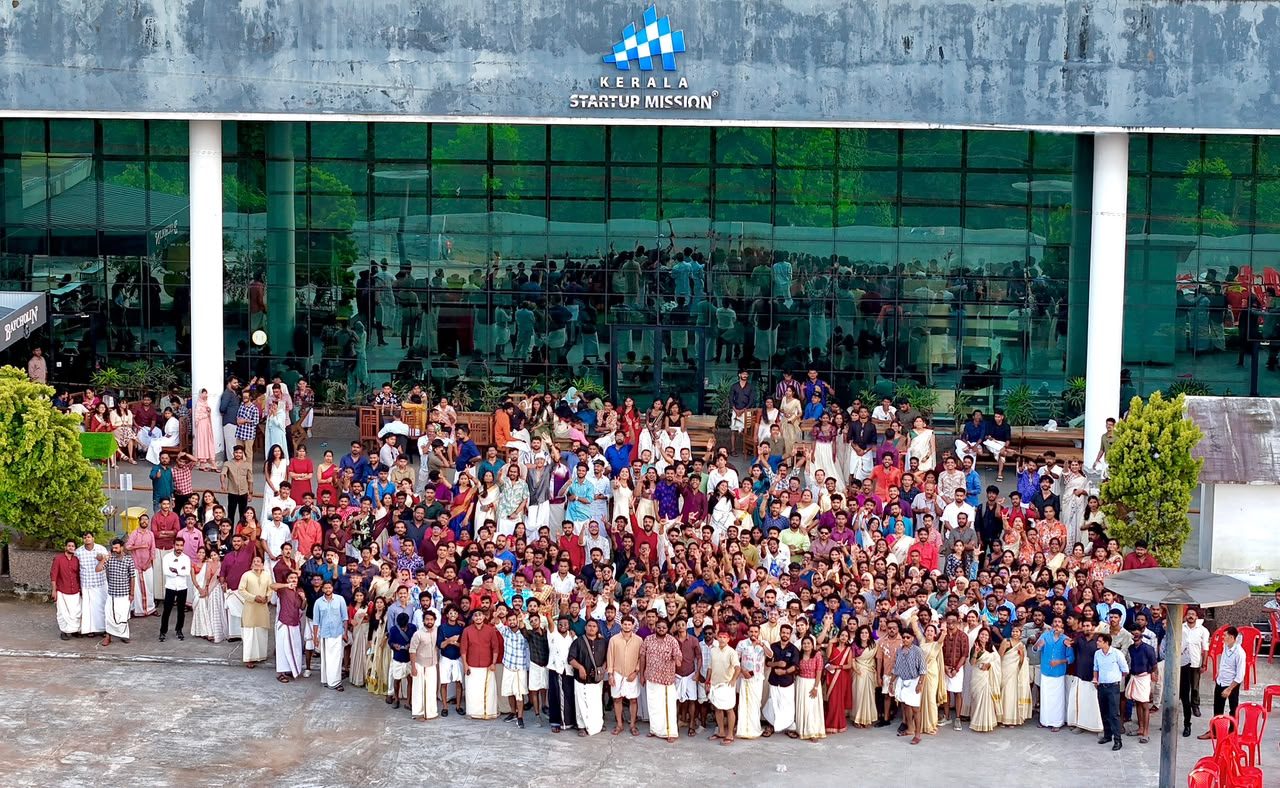 Hundreds of people from Kerala's startup community gathered outside the Kerala Startup Mission campus in Onam dress